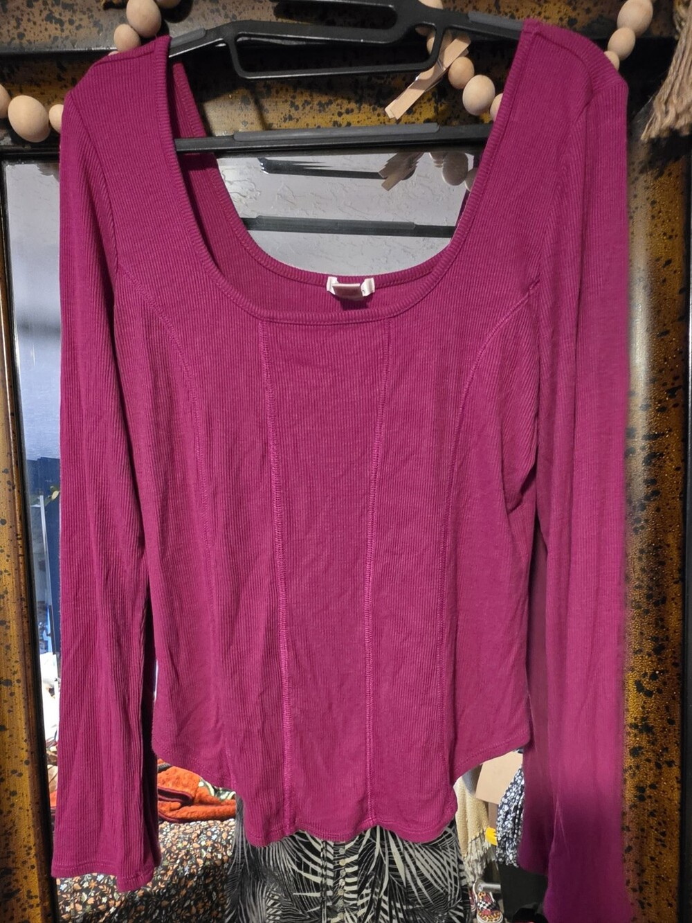 Bozzolo Fuchsia Ribbed Scoop Neck Long Sleeve Top